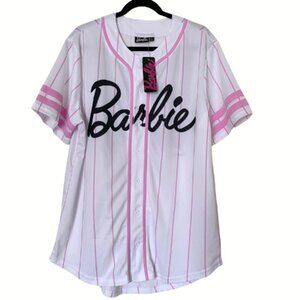 NWT Barbie Baseball Jersey Shirt White Pink Striped Button-Up Women’s Size L